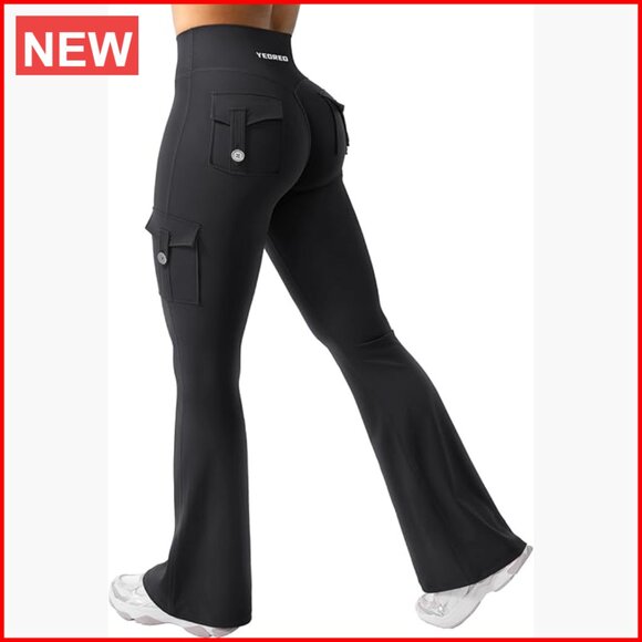 Pants - High Waisted Flare Leggings with Pockets Hidden Scrunch No Front Seam